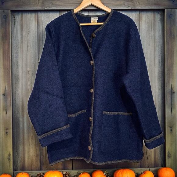 L.L. Bean Navy Blue Wool Jacket with Tan Trim - Picture 2 of 10